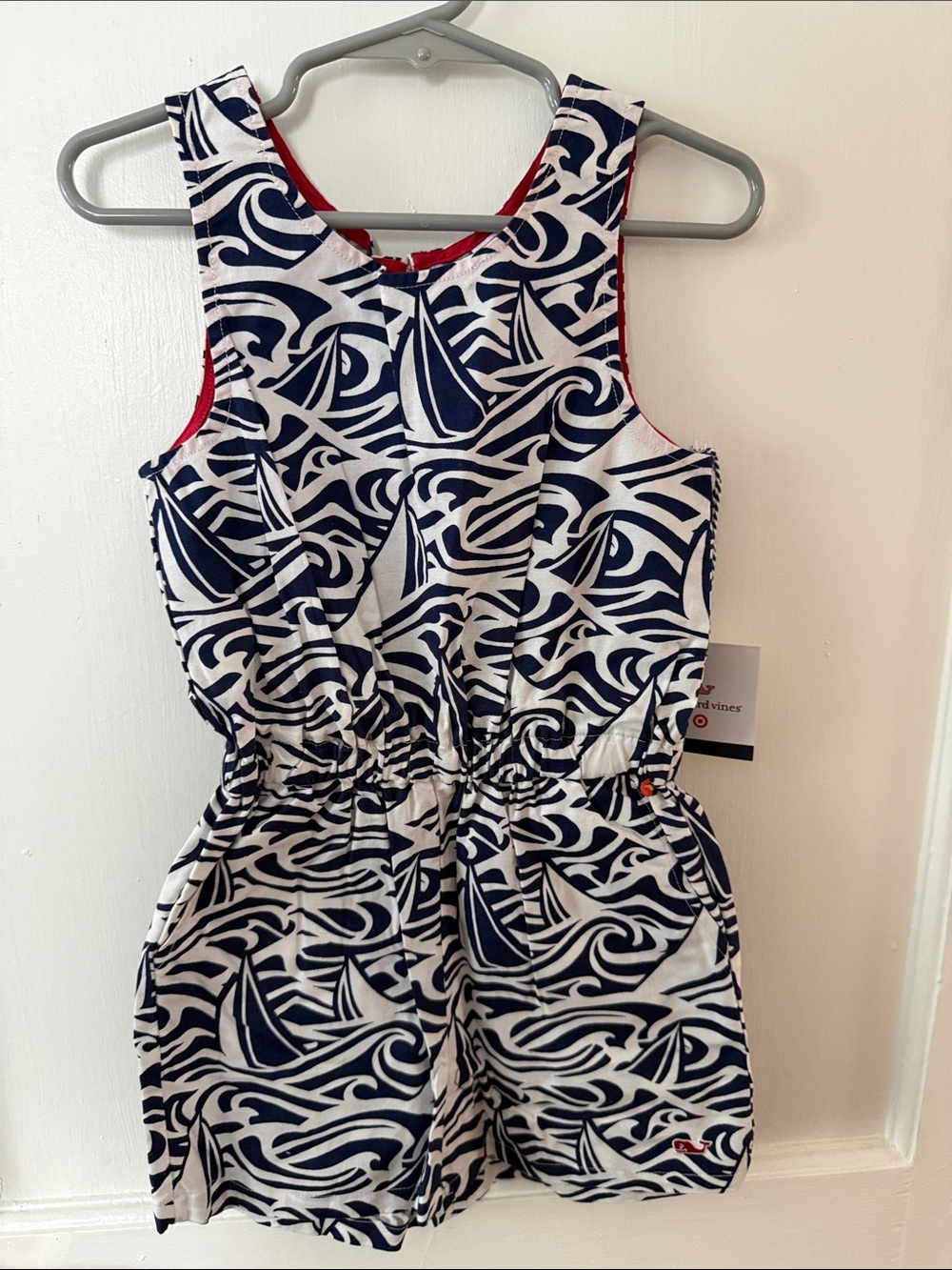 Vineyard Vines Navy and White Sailboat Print Romper with Red Trim